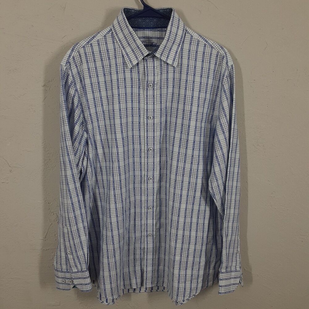 Tasso Elba Button Up Shirt Men's Large Blue Geometric Print Casual Long Sleeve